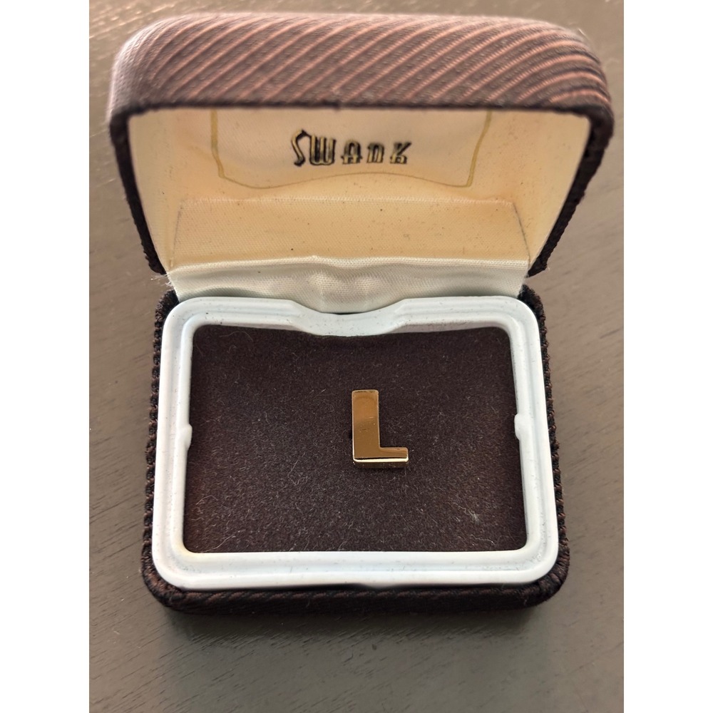 Vintage Swank Gold Tone Initial L Tie Tack with Chain and Original Box